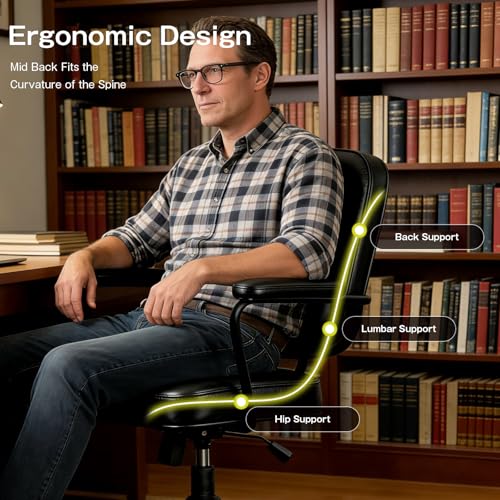 Image of Home Office Chair, Ergonomic Desk Chair with Lumbar Support, Adjustable Height Rolling Swivel Task Chair with Armrests, PU Leather, for Meeting,Study Room Black