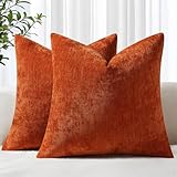 decorUhome Chenille Rust Throw Pillow Covers 18x18 Inch Set of 2, Decorative Soft Couch Pillow Covers Solid Dyed Accent Farmhouse Neutral Square Pillow Cases for Sofa