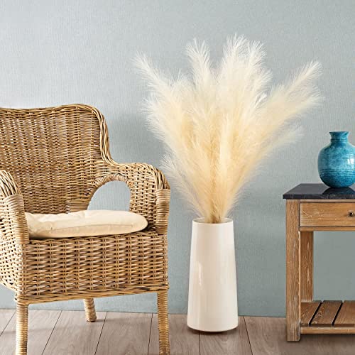Faux Pampas Grass Decor Tall - 5 Pcs 45 Inch Branches - Boho Plants For Home Decor, Artificial Pompous Grass, Fluffy Flowers Glam Decor, Beige Room Decor #TOP5