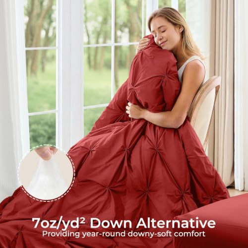 Image of Sasttie Full Size Comforter Set, 7-Piece Bed in a Bag Double, Pintuck Bedding Set for All Season, Includes Comforter, Flat Sheet, Fitted Sheet, Pillowcases and Pillowshams, Red