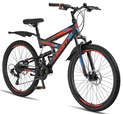 Licorne Bike Strong D Premium Mountainbike in 26 Zoll - Fahrrad für Jungen, Mädchen, Damen und Herren - Scheibenbremse vorne und hinten-Shimano 21 Gang-Schaltung-Vollfederung