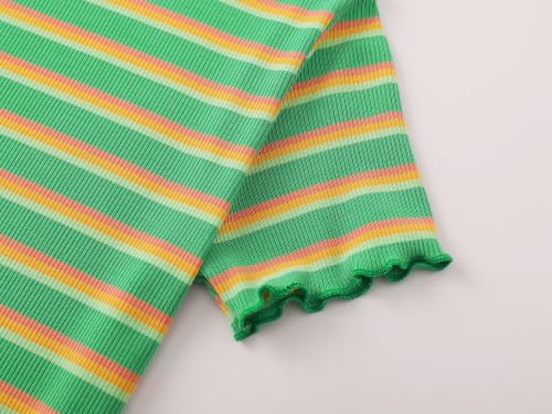 Image of Girls Striped T-Shirt Lettuce Trim Short Sleeve Top Size 6-16 | Soft stretch ribbed knit fabric, breathable blouse,summer outfit for big girls & teen, for school, party and daily activity