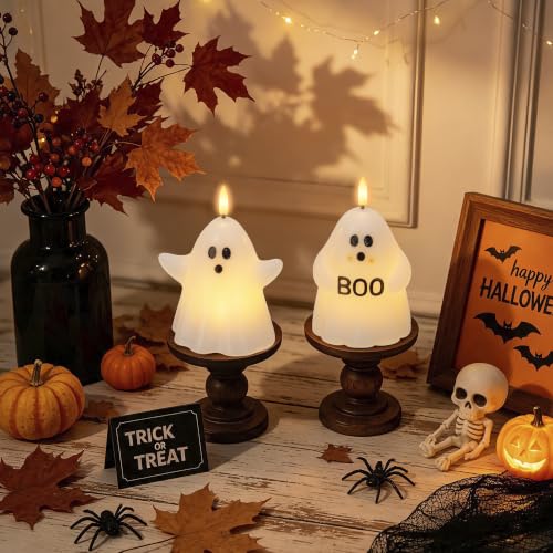 Image of Halloween Flameless Candles with Remote, Ghost Battery Operated Candles Wax | Flickering LED Fake Candle, Timer, Dimmer, Flickering Mode, Halloween Decor for Table, Fireplace, Home, Party, Festival