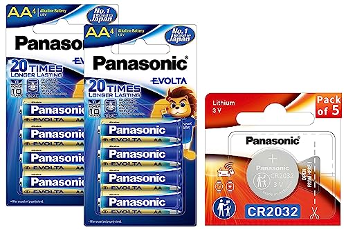 Image of Panasonic Evolta AA Alkaline 1.5V Battery, 20 Times Longer Lasting && Panasonic CR-2032 Lithium Coin Battery 3v - Pack of 5 Provide Long Lasting Power in a Variety of Devices
