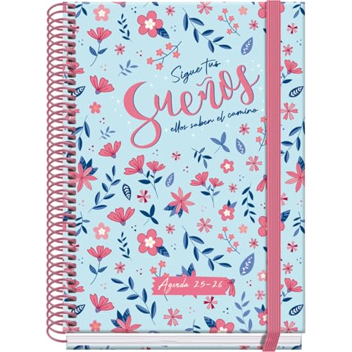 Dohe - Agenda Escolar 2025 2026 - Día Página, Tamaño A5 (15x21 cm), Español e Inglés, Septiembre a Junio, Cierre de Espiral y Goma, Tapa Dura, 4 Páginas de Pegatinas - PRIME Blossom