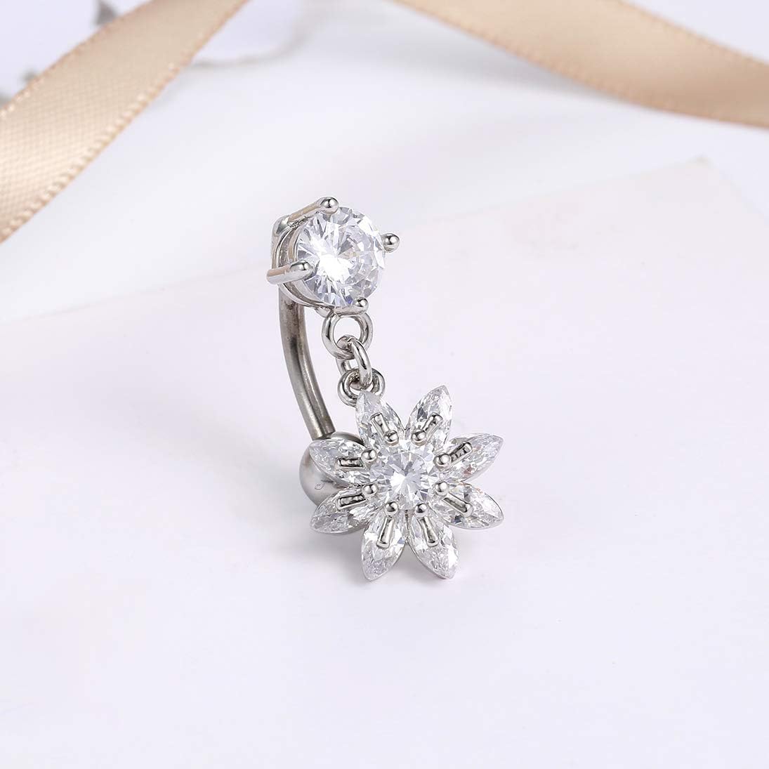 CANDYFANCY Reverse Belly Button Rings Dangle Flower CZ 14G Navel Ring Surgical Steel Belly Piercing Jewelry Top Mount Belly Ring - Image 4