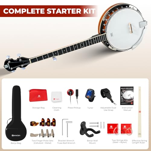 Image of Vangoa NYLON Banjo 5 String Kit, 38 Inch Full Size Banjo with Nylon Strings with Gig Bag, Premium Accessories Outfit, Starter Kit for Beginners Adults Teens, Brown