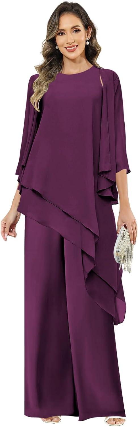 3 Piece Mother of The Bride Pant Suits Chiffon Long Sleeve Asymmetrical Cocktail Pa...