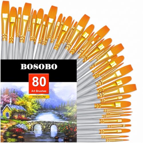 Image of BOSOBO Assorted Nylon Acrylic Artist Paint Brushes Set,Silver,80 Pcs