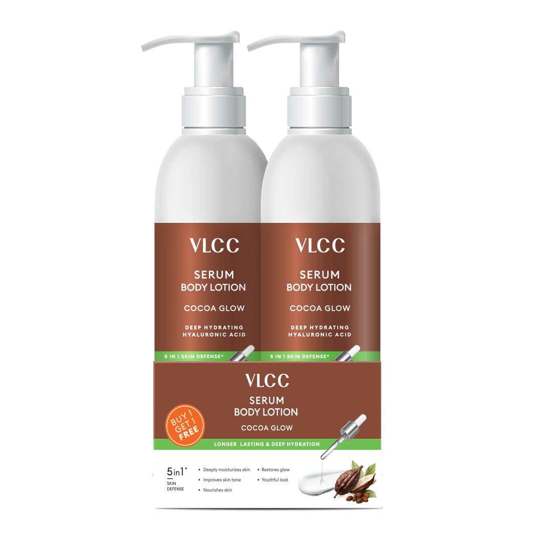 VLCC Cocoa Glow Deep Hydrating Serum Body Lotion - 300ml+ 300ml Pack | | with Hyaluronic Acid, Cocoa Butter & Niacinamide | 5-in-1 Skin Defense for Deep Moisturization