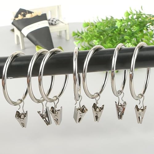 50 Stück Gardinenringe mit Clips, 25mm Innendurchmesser Vorhangringe, Duschvorhang Metallklammern, Metall Fenstervorhang Hängering für Vorhänge Wäscheleinen