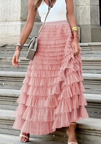 FLITAY Womens Flared Tiered Tulle Skirt Pleated Layered Mesh Skirts Elastic Waist Maxi Cake Skirt2