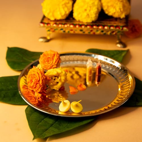 Image of PrettyKrafts Pooja Thali Big Size | 8.2 inch Brass Plate for Puja | Golden Thali for Pooja Plate | Puja Ki Thali | Elegant Pooja Thali Brass for Home & Festivals