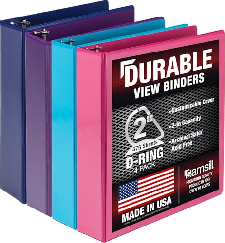 Image of Samsill Durable 2 inch 3 Ring Binder, D Ring Binder, 100% Recycled Chipboard, Fashion Assortment, 4 Pack