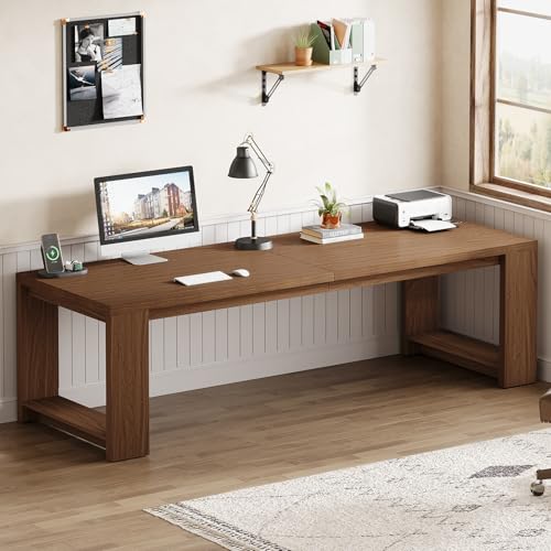 Image of Tribesigns 2 Person Desk Set of 2, 86.6 Inches Extra Long Desk, Two People Computer Writing Table, Long Wood Office Desks Workstation for Home Office, Walnut
