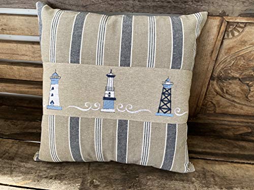 Nautical Pillow Cover –– Cotton Decorative Embroidered Design – Natural, Navy Blue and White - Size 16 X 16 Inch (Lighthouse) - Image 2