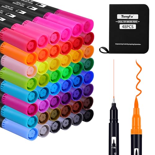 TongFu Rotuladores Lettering 48 Colores, Doble Punta Fina y Pincel, Kit de Rotuladores Acuarelables para Niñas, Niños, Adultos, Principiantes, Caligrafía, Dibujo, Mandalas y Bullet Journal