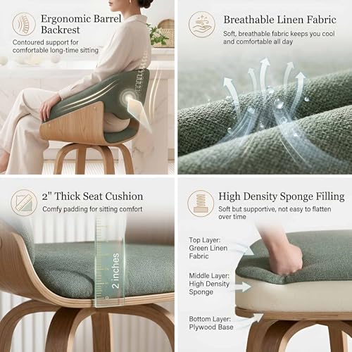 Image of 26'' Modern Barrel Swivel Counter Stools Counter Height Swivel Bar Stools with Backs Set of 2, Green Linen Upholstered Bar Height stools, Farmhouse Solid Wood Barstools for Kitchen Island, Home Bar