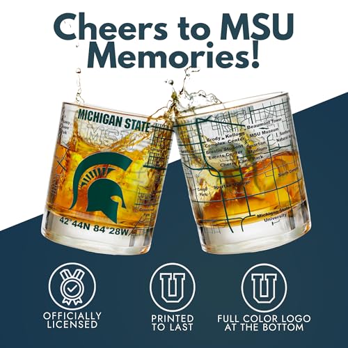 Image of Greenline Goods - Michigan State University Spartans College Whiskey Glasses (Set of 2), 10 oz - Full-Color Logo + Campus Map