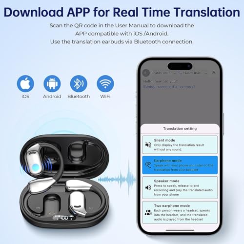 Image of AI Translation Earbuds Real Time, 144 Language Translator Earbuds with APP Compatible with iOS & Android, Bluetooth Translation Headphones Translating Device for Travel Business and Learning - Black