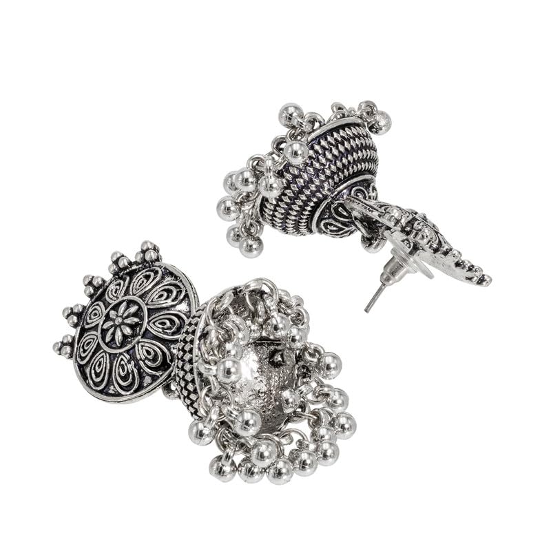 Shining Jewel Traditional Indian Matte Silver Oxidised Studded Jhumka Earring For Women-Silver (SJE_154_S) - Image 5