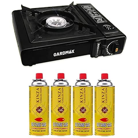 Kinza Collection - Gas Stove + 4 BUTANE Gas Canisters included - Camping portable Automatic Ignition indoor/outdoor Caravan Cooker + EN417 Compliant Butane Gas Bottle Cover