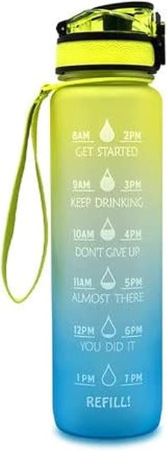 Maximum Slim Water Bottle with Time Marker, 32 oz/1000ml Motivational Water Bottle with Strainer, Reusable & BPA Free Tritan Water Bottle for Fun, Sports & Fitness (Yellow)