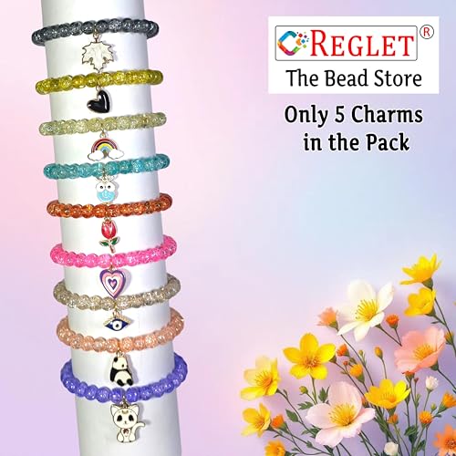 Image of 5 Pcs Charms + 250 Pcs Single Shade Sparkle Glass Beads for Bracelet Making Kit for Women - Beads for Jewellery Making Kit - Bead Set - Crystal Bead Craft - 8mm