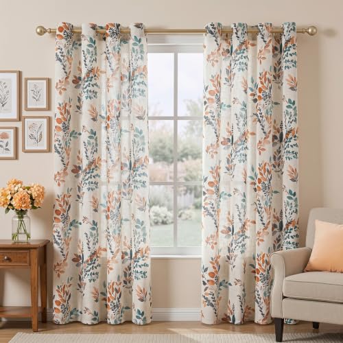 Image of MYSKY HOME Curtains for Living Room Semi Sheer 84 inch Length Light Filtering Privacy Protect Drapes Set Linen Blended Texture Soft Touch Leaves Pattern Treatment, 52 inch Wide, Burnt Orange, 2 Panels