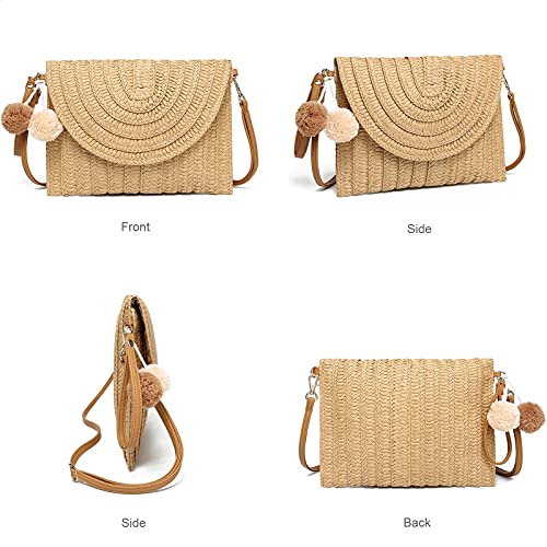 YIKOEE Straw Purse for Women Summer Beach Woven Bag With PomPom - Image 5