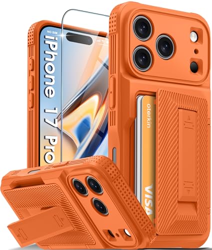Oterkin for iPhone 17 Pro Case Wallet Built-in Card Holder (4-5 Cards) & Kickstand [RFID Blocking][9H Screen Protector][Full Camera Protection] Rugged Silicone Phone Case for iPhone 17 Pro Orange