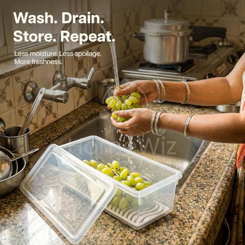 Image of HomeWiz Fridge Storage Containers 1500ml x8 |Air Tight Storage Container Set with Removable Drain Plate|Fridge Organiser Storage Boxes|Food Grade Plastic Containers, Stackable for Fruits & Vegetables