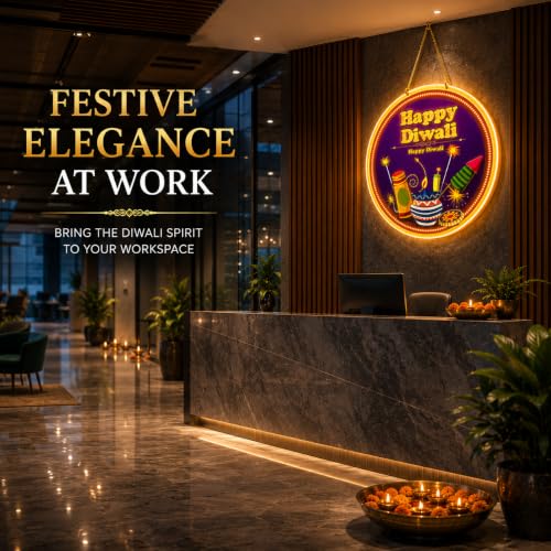 Image of Gesto Diwali Lights for Home Decoration, Happy Diwali LED Hanging Light, Dual-Side Display, AC Plug-in Diwali Decorative Light for Pooja Room, Mandir, Door Entry, Balcony, Office, Shop & Showroom