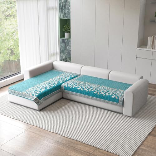 Image of Nendle Superior Velvet Floral Sofa Mat 4 Seater Set Cover Durable Protector for Living Room Sofa Set 2+2, Suitable for L Shape, Sectional and U Shape Sofa (Color Aqua, Pack of 2)