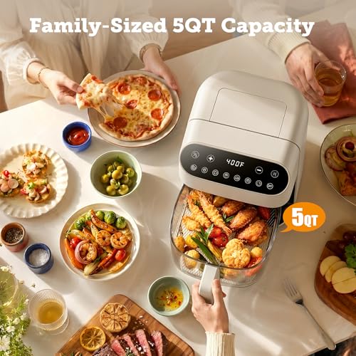 Image of Kismile 5QT Glass Air Fryer, 8 in 1 PFAS-Free Non Toxic AirFryers, Digital Touch Control, Portable Air Fryer with Precise Temperature Control & Timer, Up to 400F, 95% Less Oil.(Creamy White)
