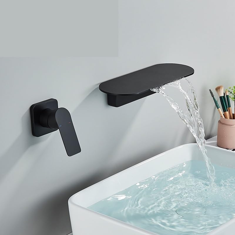Robinet mitigeur cascade mural noir mat en laiton pour lavabo de salle de bain