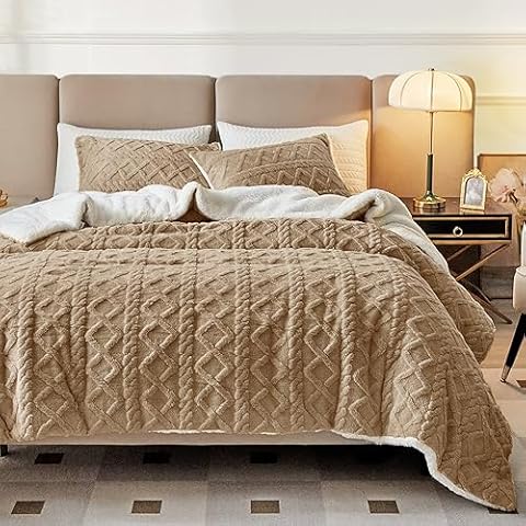 Joyreap 3-Piece Fluffy Faux Fur Sherpa Comforter Set Coffee, Queen Size Luxury Tufted Bedding Comforter Set, All Season Soft n Cozy Plush Comforter Bed Set- 88x88 inches Cover