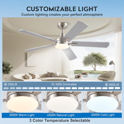 Image of JSAITEE Ceiling Fans with Lights, 52 Inch Low Profile Modern Fan with Light and Remote Control, DC Reversible Motor, Noiseless,3CCT,Dimmable, Nickel 6 Speeds Fan Light for Bedroom Living room