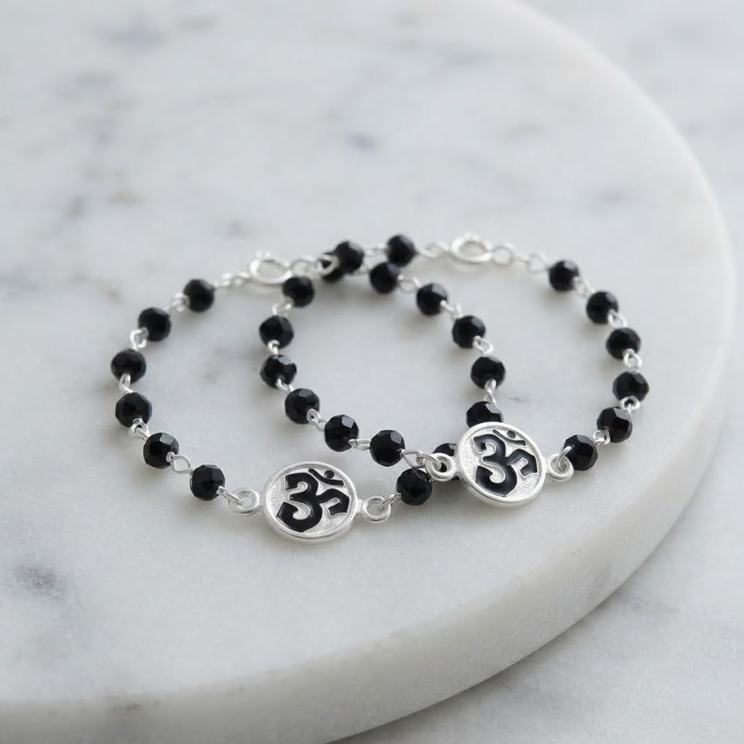 Parnika MJ 925 Divine Baby Nazariya (Kids Bracelet) in Pure 92.5 Sterling Silver for Kids - One Pair | Chandi Nazarbattu | Silver Ponchi | (Om Enamel 1) 1