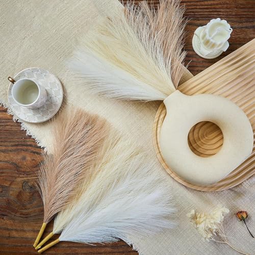 Image of CURATED CART Faux Pampas Grass Set of 3 Small Artificial Flowers for Home, Office, Bedroom, Living Room & Table Decor - 1 Each Beige, White, Brown, 41 cm, (Without Vase)