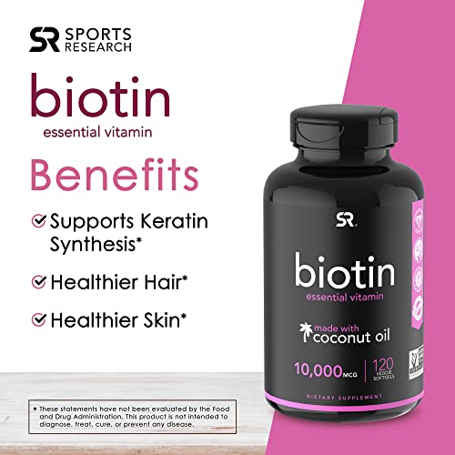 Sports Research Extra Strength Vegan Biotin (Vitamin B) Supplement With Organic Coconut Oil - Supports Keratin For Healthier Hair & Skin - Great For Women & Men - 10,000Mcg, 120 Veggie Softgel Capsules #TOP1