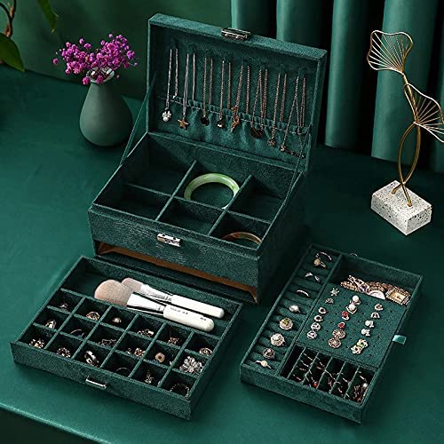 RhyhornRhyhorn New Vintage Flannel Jewelry Box Earrings Earrings Rings Necklace Bracelets Jewelry Organiser Storage Case with Drawer for Girls Women Dark Green