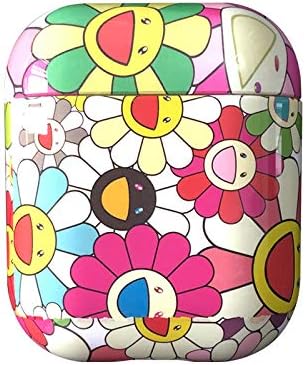 Hard Plastic Sunflower Floral Print Colorful Case for Apple Airpods 1 2 Smile Face Smiley Happy Fashion Brand Design Shockproof Smooth Lovely Cute Pretty Luxury Designer Girls Teens Women Girlfriend