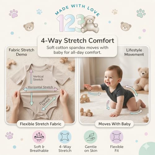 Image of 123 Bear Baby 3-Pack Soft Cotton Spandex bodysuits