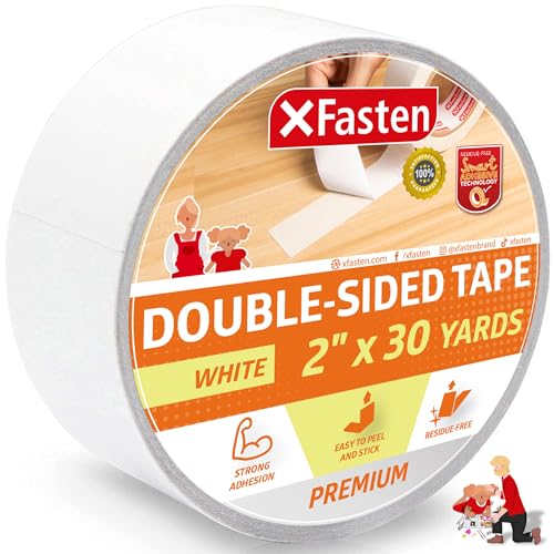 XFasten Double Sided Tape, White, Removable and Residue-Free, 2-Inch x 30 Yards, Surface Safe Two-Sided Sticky Adhesive Tape for Wall, Floor, Clothes, Rug, Fabric, Crafts and Scrapbooking