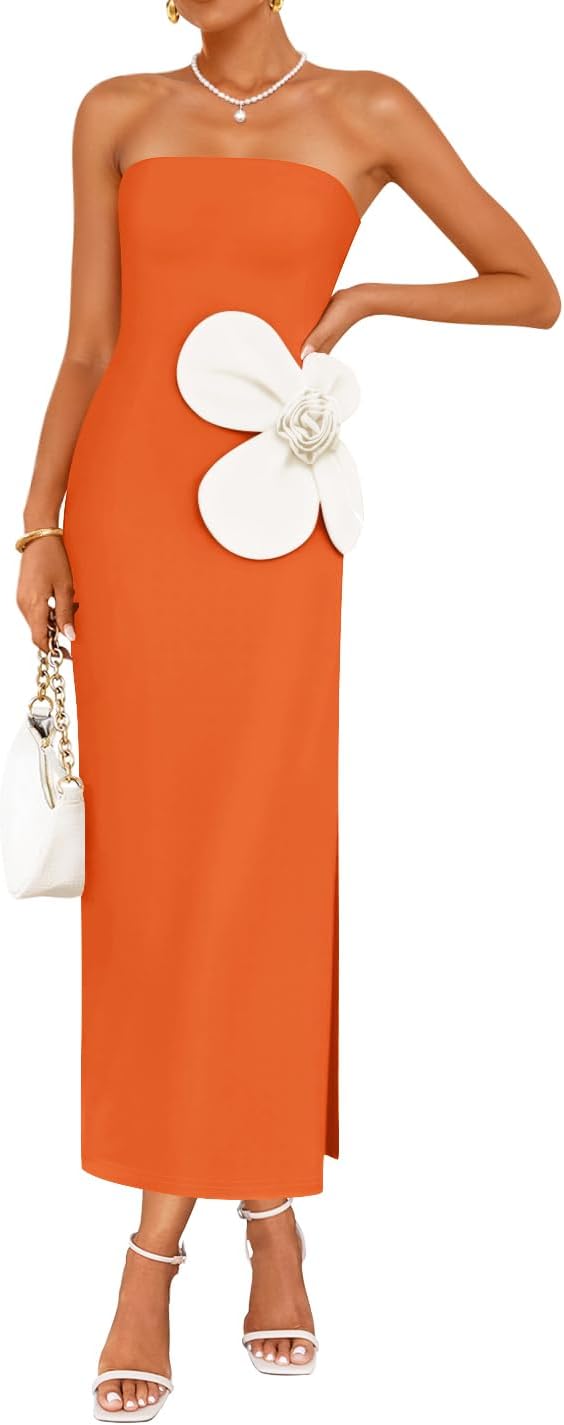 ZESICA Women's Summer Strapless Bodycon Maxi Dress 2026 Ribbed Knit Backless Floral Tube Cocktail Party Long Dresses