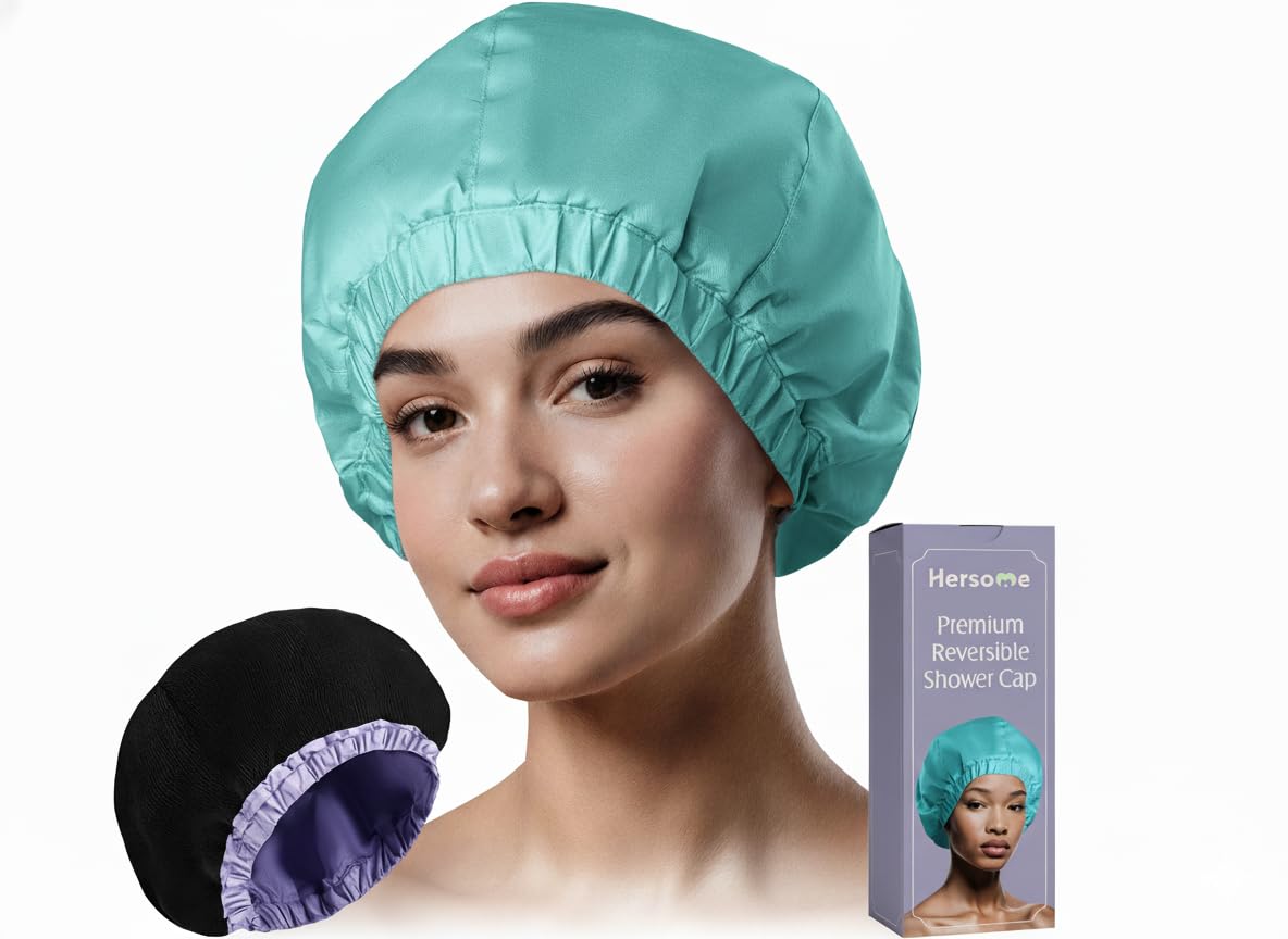 Gorro de ducha de alta calidad para mujer, más de 1000 duchas, 100% impermeable, doble cara, grande para cabello largo e ideal para rizos (forro de tela de rizo antiencrespamiento), color turquesa.