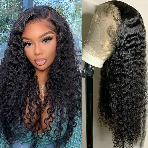 HD Transparent Curly Lace Front Wig Human Hair Glueless Water Wave Lace Front Wigs Human Hair Pre Plucked 180% Density Black Curly Wig Human Hair For Women Unprocessed Virgin Hair 24 Inch