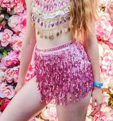 Aoduoer Sequin Tassel Skirt - Belly Dance Hip Skirt Fringe Tassel Hip Scarf Rave Skirts For Women And Girls Halloween Cowgirl Costume (Pink), One Size Short #TOP4