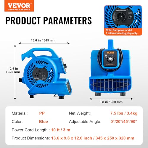 Image of VEVOR Floor Blower, 1360 RPM 600 CFM, Air Mover for Drying and Cooling, Portable Carpet Dryer Fan with 4 Blowing Angles,3-Speeds Adjustment, for Janitorial, Home, Plumbing, Commercial Use